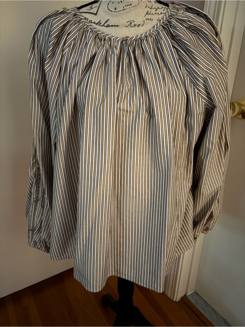 LOFT Striped Peasant Blouse, with balloon sleeves. White, gray and gold
